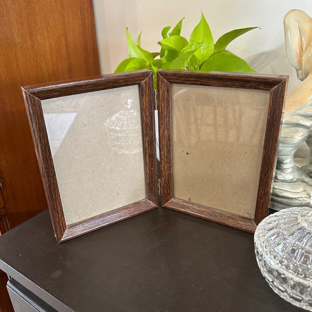 Vintage Hinged Double Wooden Picture Frame Brown Folding 5x7 MCM Photo Display